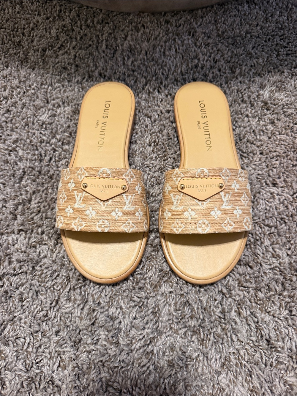 Louis Vuitton Tan Monogram Canvas Slide Sandals